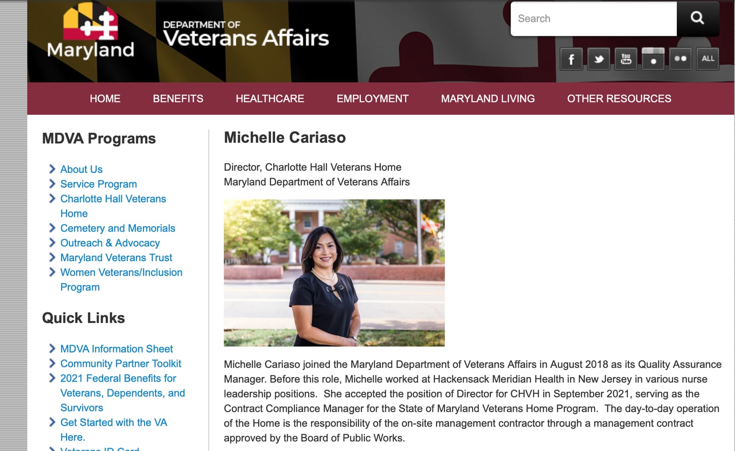 A screenshot of Maria Cariaso's biography page captured from the internet archives. Cariaso is no longer listed as the director of Charlotte Hall, the state-owned veterans home.