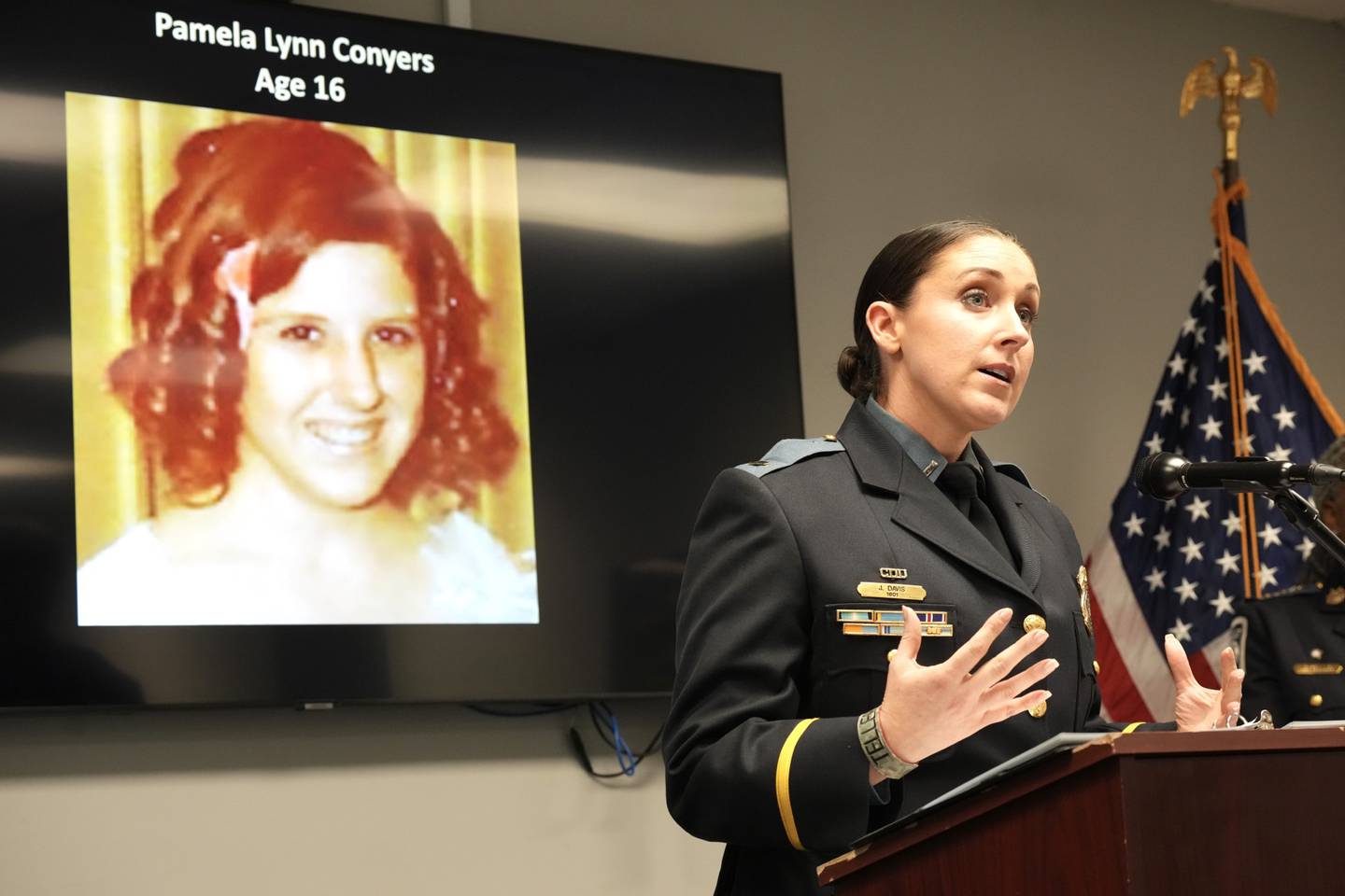 Lieutenant Jackie Davis speaks on the 1970 murder of 16-year-old Pamela Lynn Conyers during a press conference at the Anne Arundel Police Headquarters on March 10, 2023.