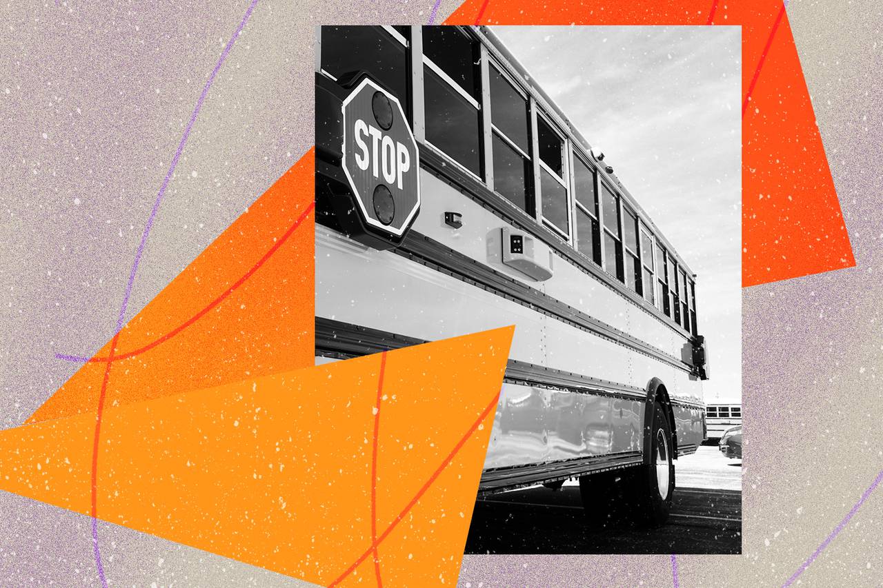 Photo illustration of an angled view of the side of a school bus.