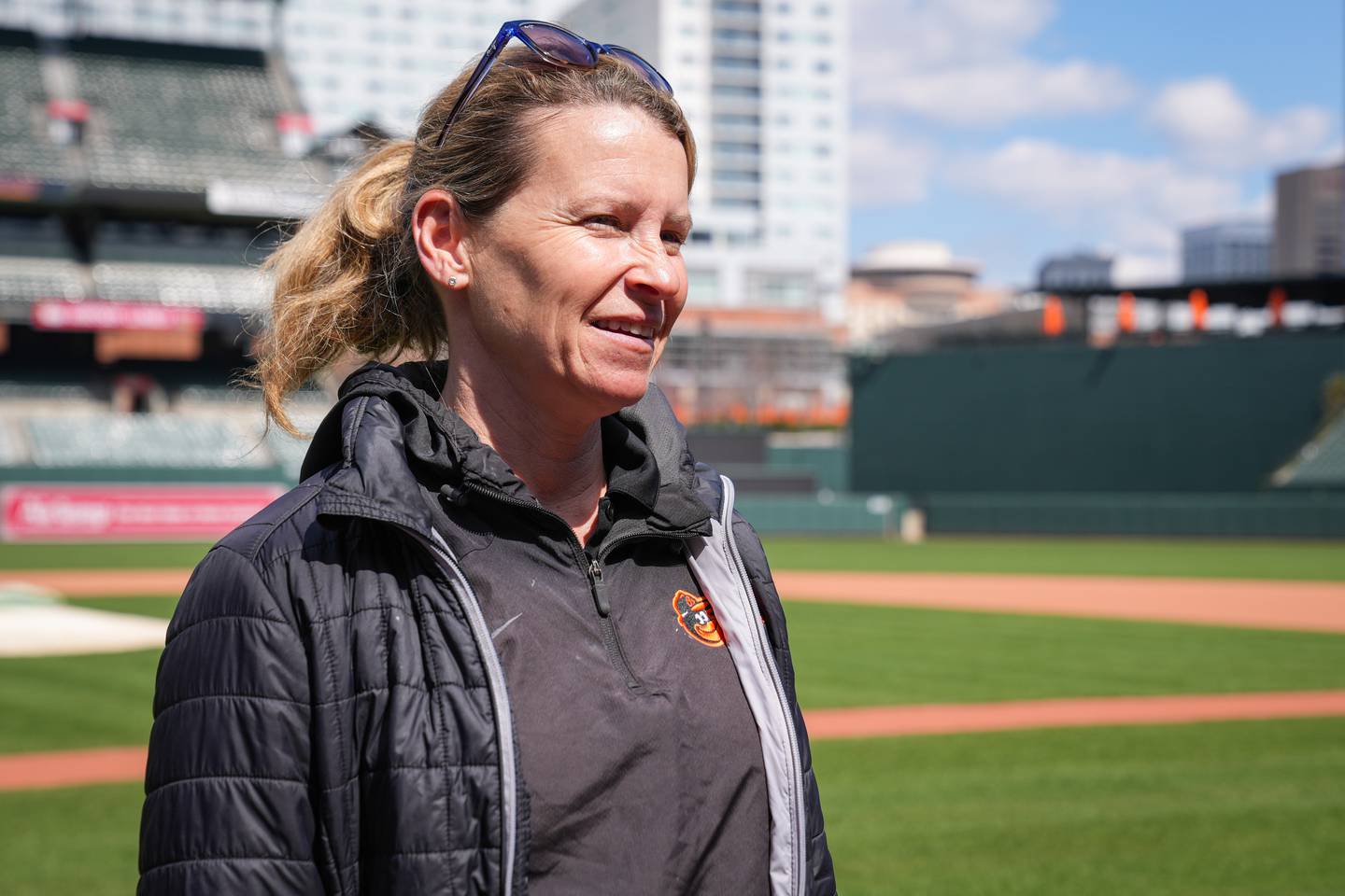 Orioles groundskeeper Nicole Sherry answers questions from reporters during a media preview in Oriole Park at Camden Yards on Wednesday, March 29. For the first time in 23 years, Oriole Park has brand-new turf.