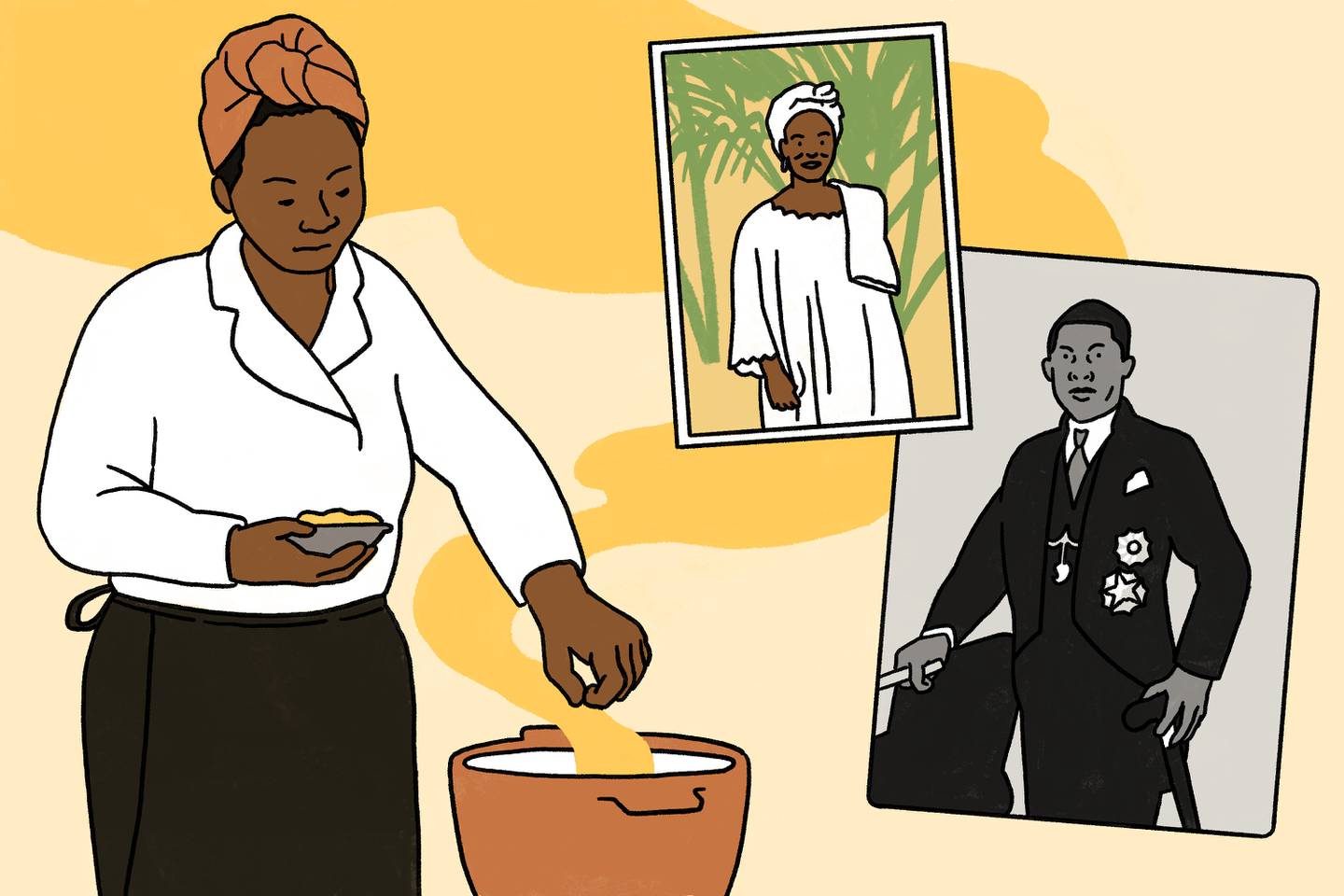 Woman cooking, photos of mother and of great-grandfather, Liberian president