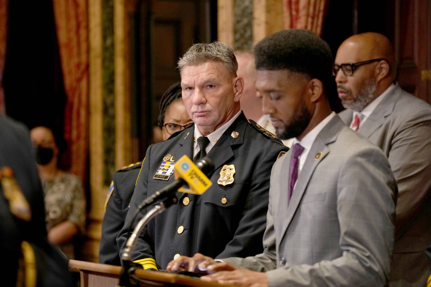 Richard Worley, Deputy Commissioner at Baltimore Police Department with Mayor Brandon Scott at the the Press conference