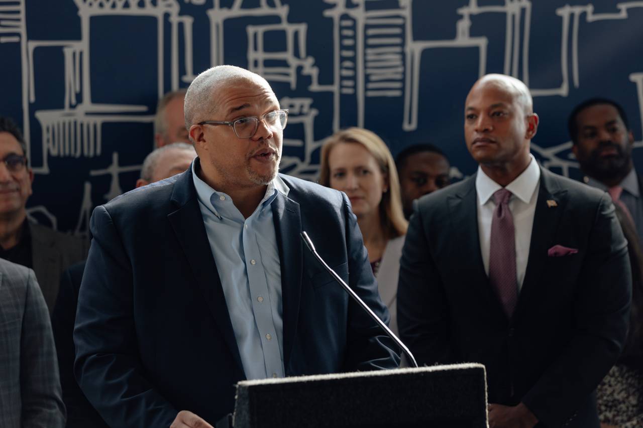 MCB Real Estate Co-Founder David Bramble speaks at a press conference where the company’s plans for the Harborplace development are revealed, at the Light Street pavilion on Monday, Oct. 30, 2023 in Baltimore, MD.