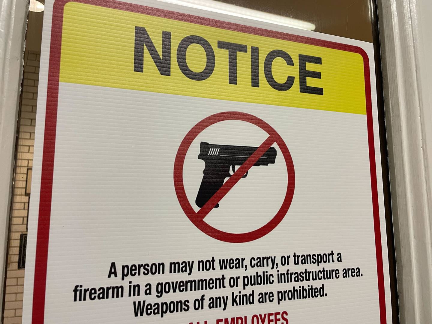 A sign at the State House in Annapolis warns that guns are not allowed to be carried inside. State lawmakers restricted where people can carry concealed handguns during the 2023 General Assembly session; the law is being challenged in court. The sign is pictured on Wednesday, Nov. 8, 2023.