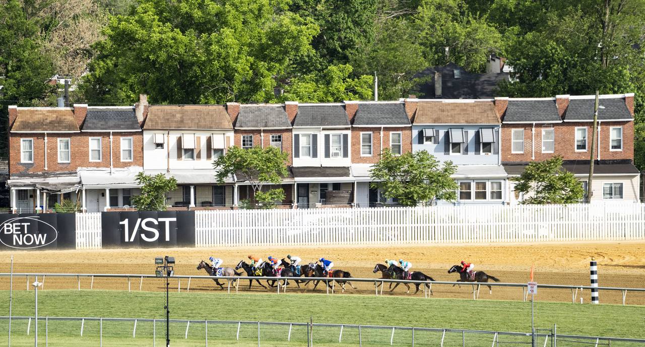 Racehorses round the turn at the George E. Mitchell Black-Eyed Susan Stakes at Pimlico on May 19, 2023.