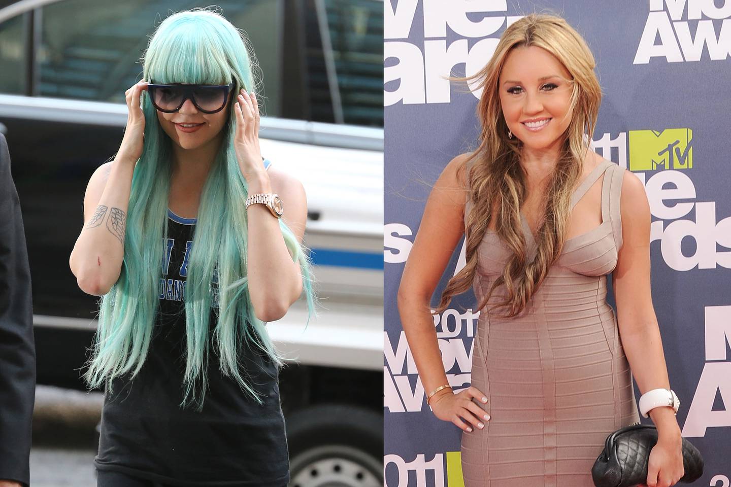 (Left) Amanda Bynes attends an appearance at Manhattan Criminal Court on July 9, 2013 in New York City. (Right) Actress Amanda Bynes arrives at the 2011 MTV Movie Awards at Universal Studios' Gibson Amphitheater on June 5, 2011 in Universal City, California.