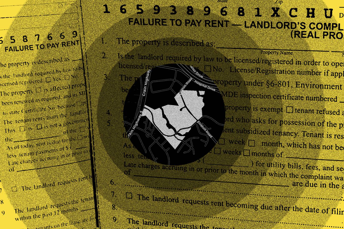 Photo collage showing map of land parcels at center of radiating circles, placed over background of eviction slip labeled “Failure to pay rent.”