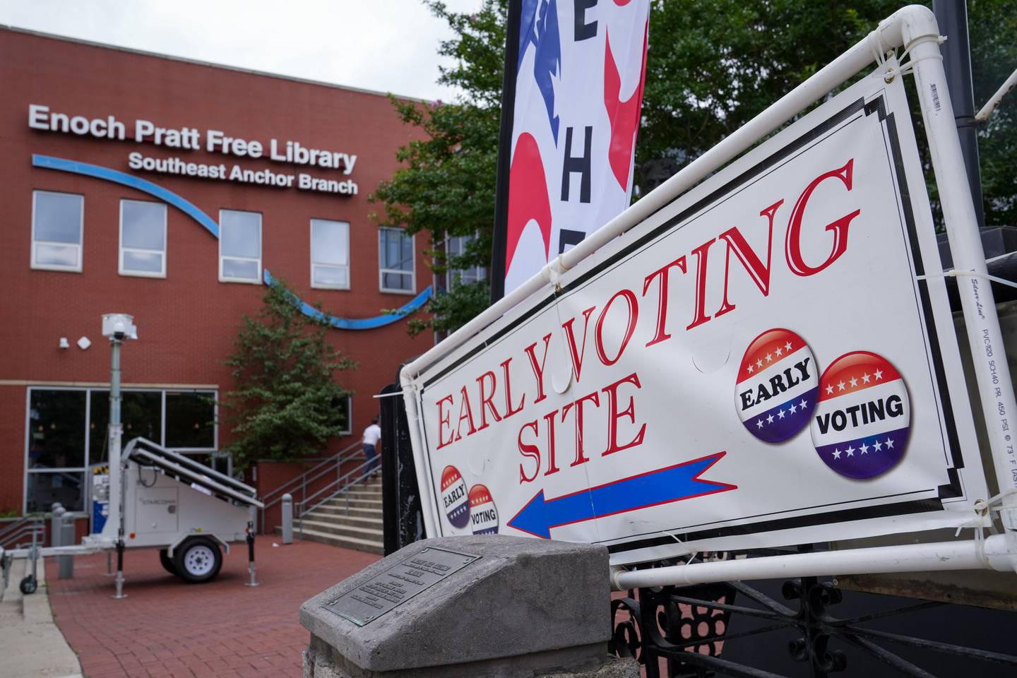 7/7/22—An early voting sign sits outside the Southeast Anchor Branch of the Enoch Pratt Free Library on the first day of early voting in Maryland’s Primary Election.