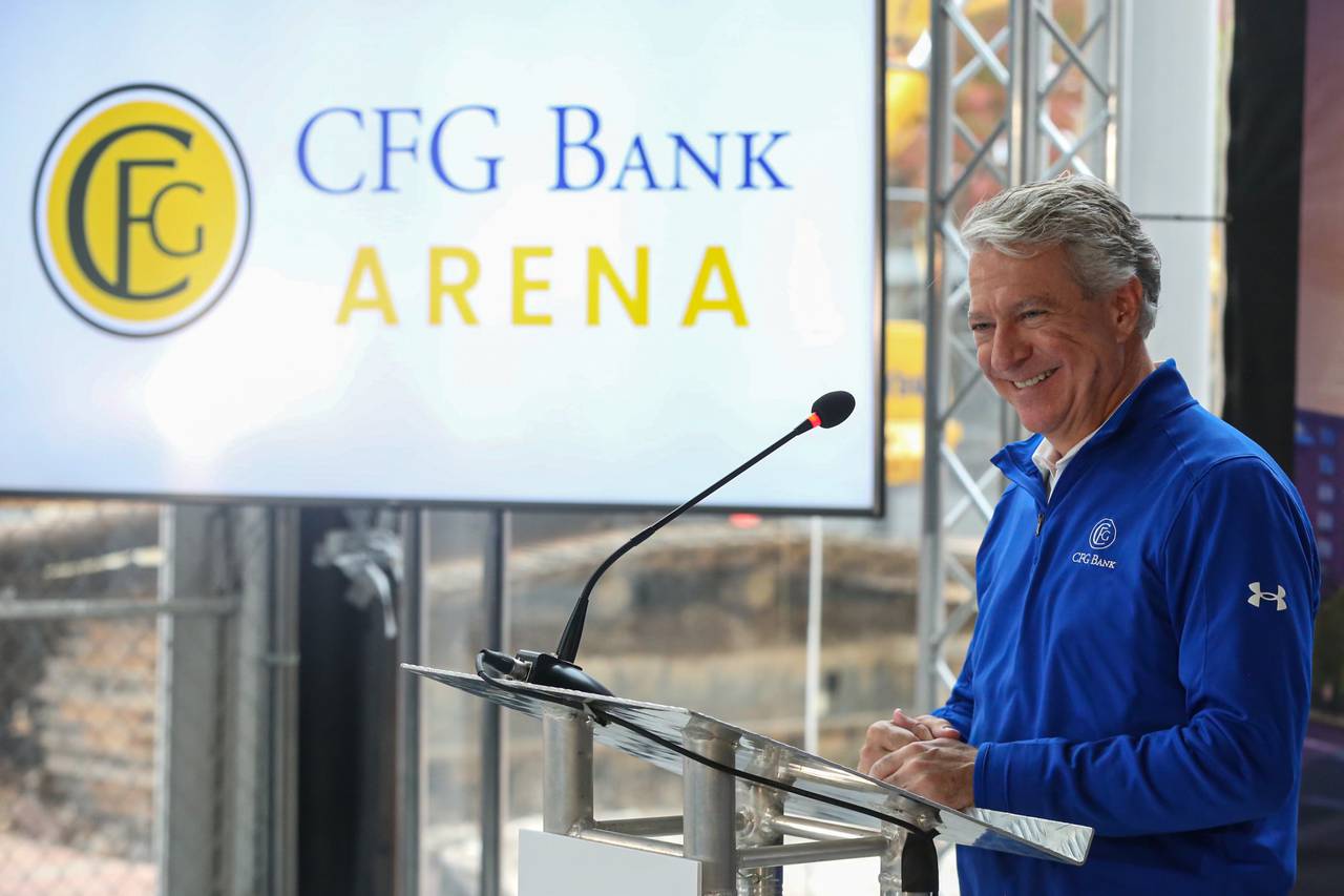 Bill Wiedel, CEO of CFG Bank, speaks at the announcement of the Baltimore Arena's name change to CFG Bank Arena.