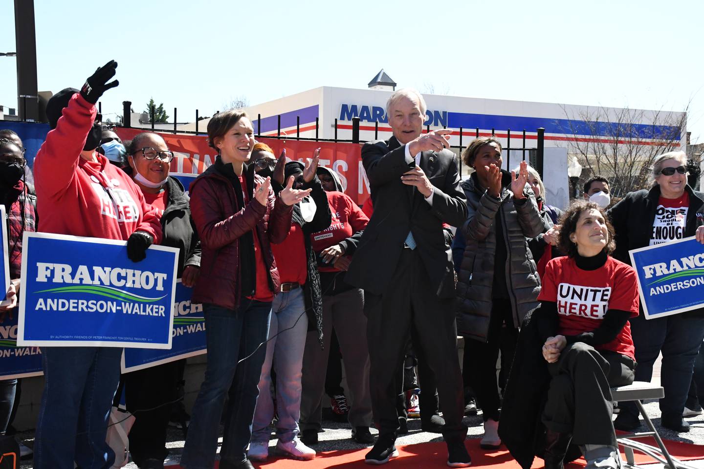 Photo by Pamela Wood/The Baltimore Banner -- Maryland gubernatorial candidate Peter Franchot rallies with members of the Unite Here! union in Baltimore's Station North neighborhood before a door-knocking campaign on April 2, 2022.