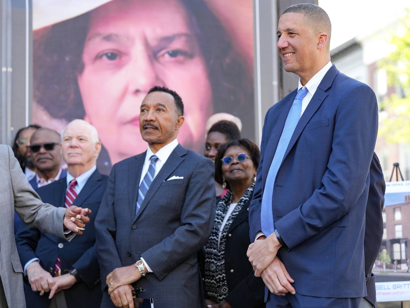 Politician Mitchell Keiffer Jr. (right), and Congressman Kwesi Mfume (left), announce the future home of the Juanita Jackson Mitchell Law Center, in the Upton neighborhood of Baltimore, Md., April 17, 2023. Keiffer Jr.'s Grandmother was the late, great, Juanita Jackson Mitchell, who became the first African American woman to practice law in the State of Maryland.