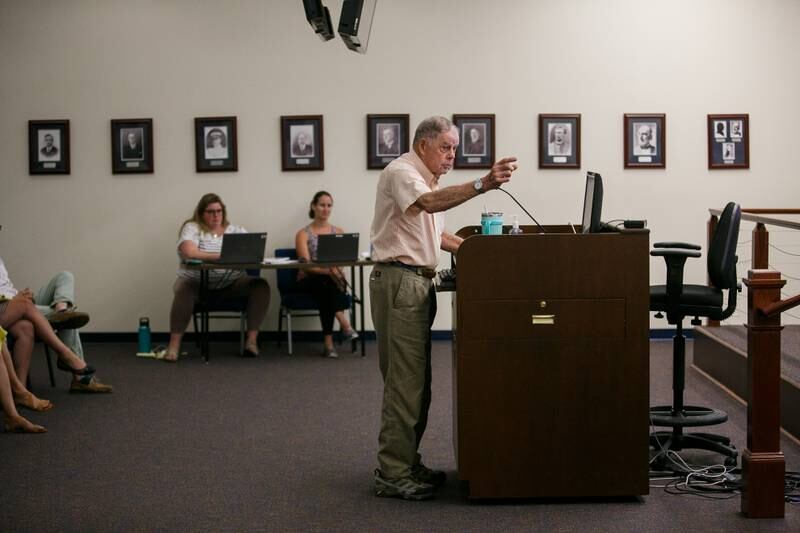 Douglas Jenkins, 86, of Warsaw, Va., speaks to The Crab Management Advisory Committee (CMAC) during the public comment section of their meeting with VMRC officials to discuss potential management measures for the upcoming crabbing season at the VMRC Main Office in Fort Monroe, Va., on Wednesday, June 8, 2022. Jenkins was a crabber for over 60 years and feels that the options VMRC is putting forward are not the solution and that it is hurting fisherman and their livelihoods.