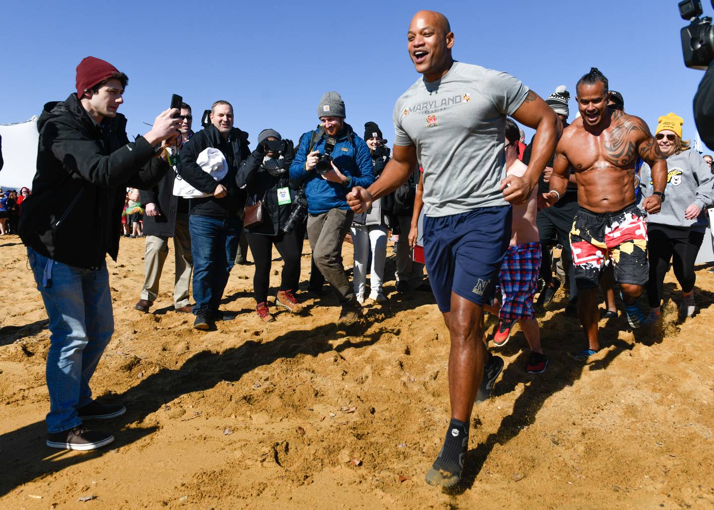 Gov. Wes Moore participates in the Maryland State Police Polar Bear Plunge to benefit Special Olympics Maryland, Saturday, Feb. 4, 2023 at Sandy Point State Park in Annapolis.