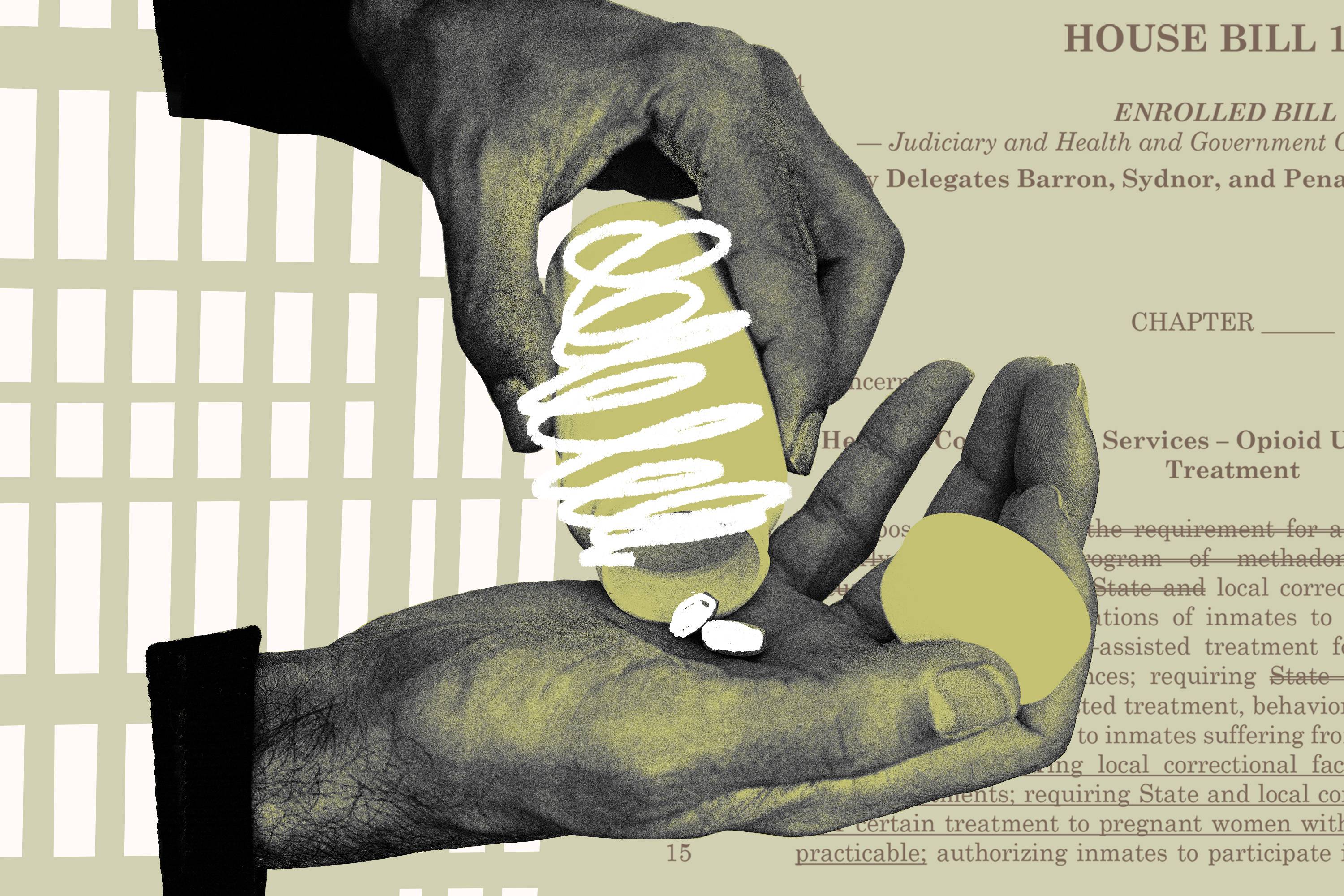 Photo collage showing scribbled-out medication bottle and pills in man’s hands, with prison bars in background on left and text from House Bill 116 on right.