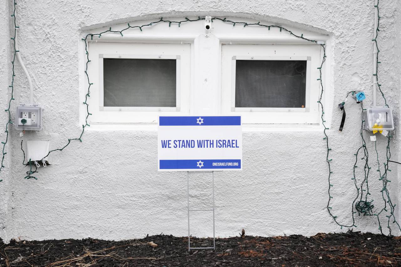A ‘We Stand With Israel’ sign is in the yard of a homeowner on 34th St. in Hampden who had watermelons thrown at his house on Saturday, but seen on Sunday, December 24, 2023.