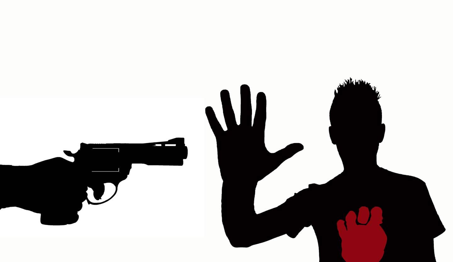 silhouette of hand with gun pointed against guy with arm raised and open hand on a white background