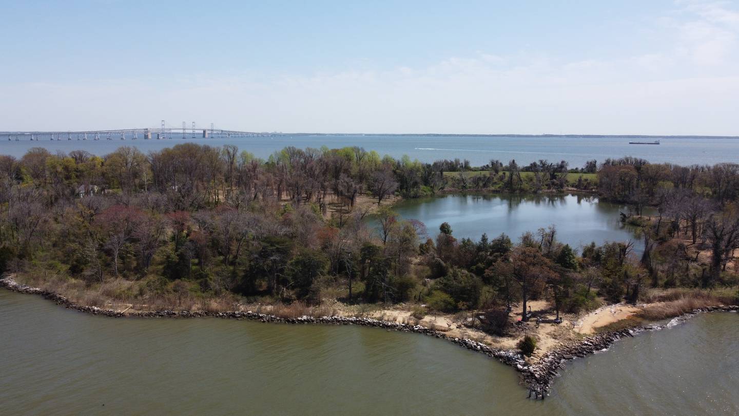 An aerial view of Holly Beach Farm near Annapolis shows the unusual freshwater pond and the Chesapeake Bay Bridge in on the horizon.
