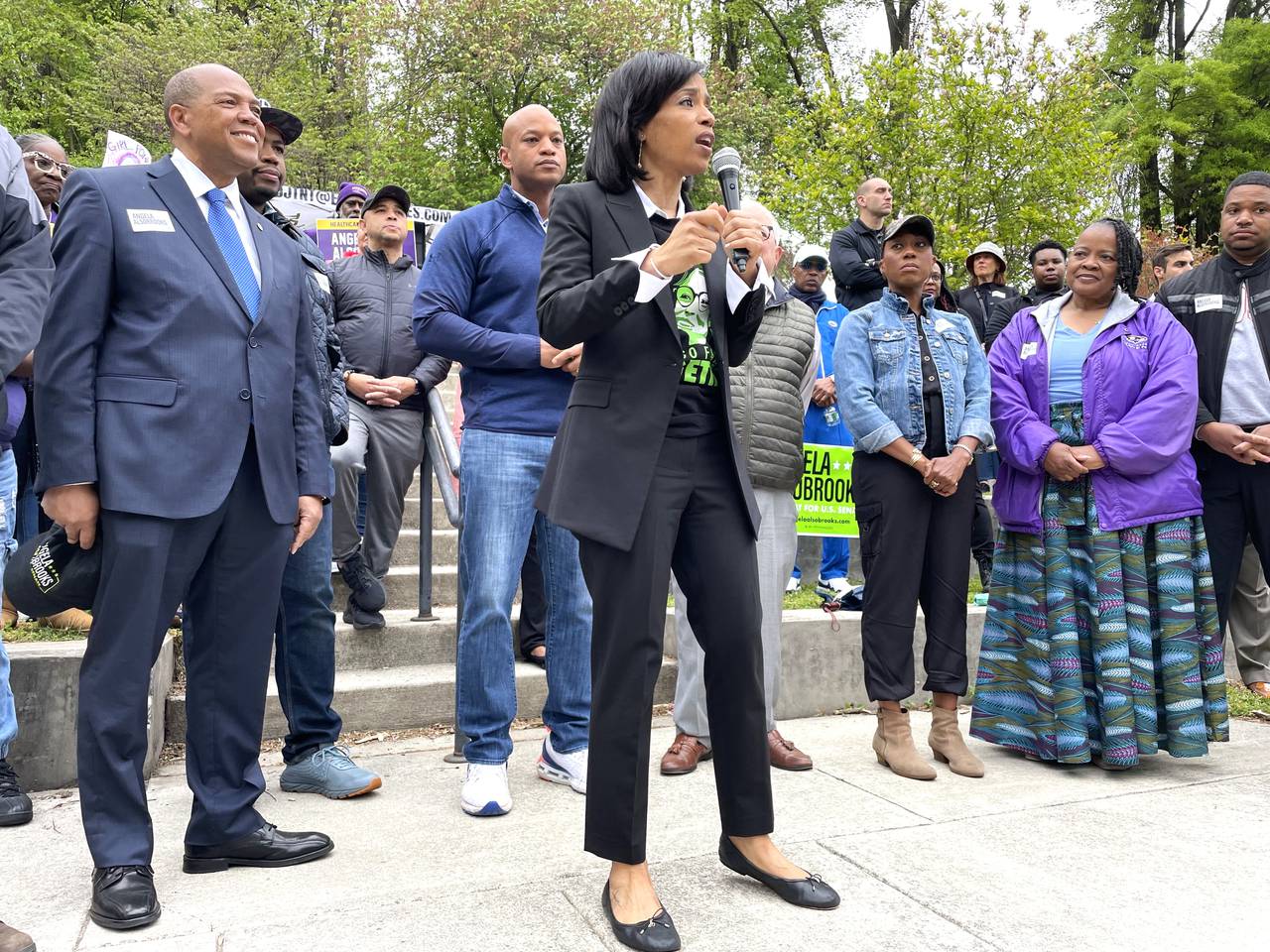 U.S. Senate candidate Angela Alsobrooks is backed by current and former elected officials from Baltimore City and Baltimore County during an event at Woodberry Park in Baltimore on Saturday, April 27, 2024. Alsobrooks, currently the Prince George's County executive, is running for the U.S. Senate.