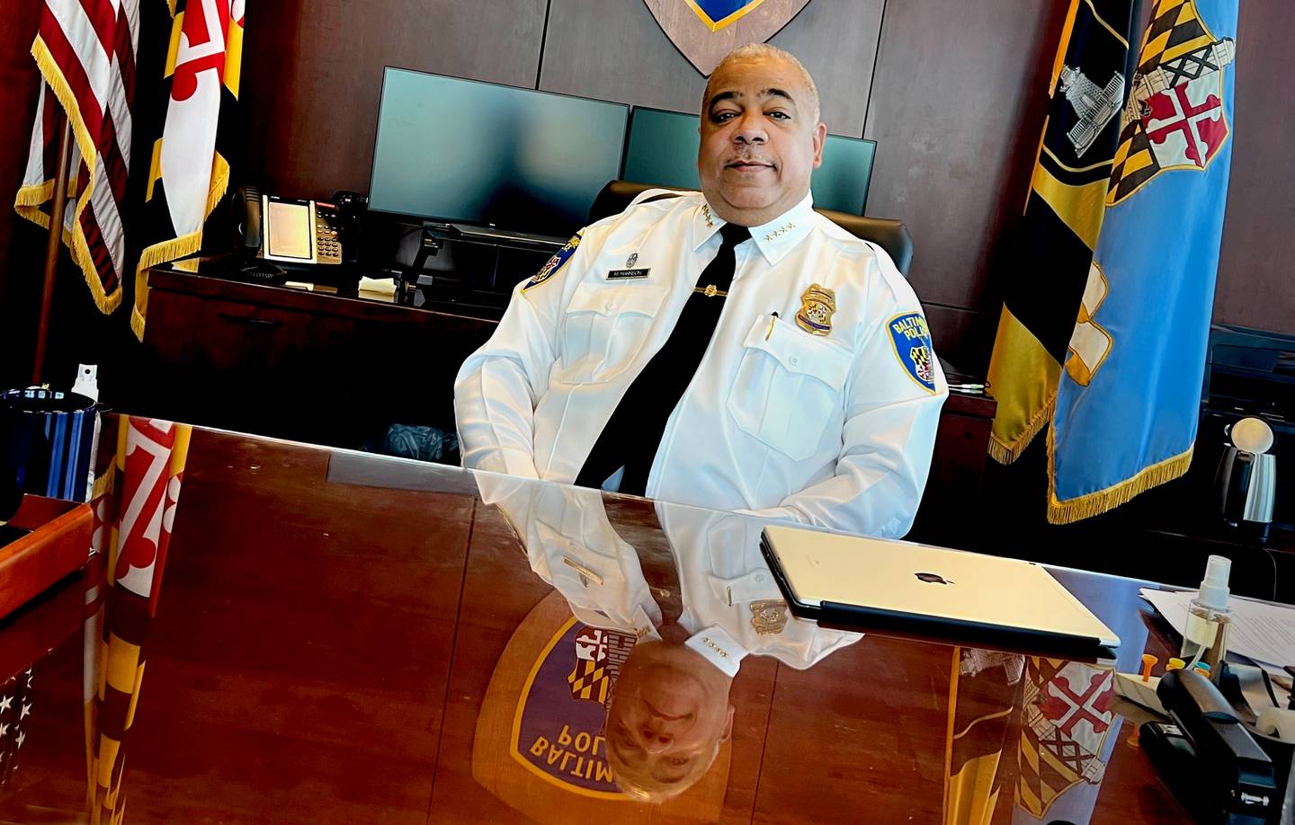Baltimore Chief of Police, Michael S. Harrison in his office.