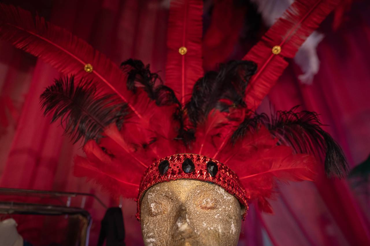 A feathered headdress produced as part of a costume for the annual Baltimore Caribbean Carnival