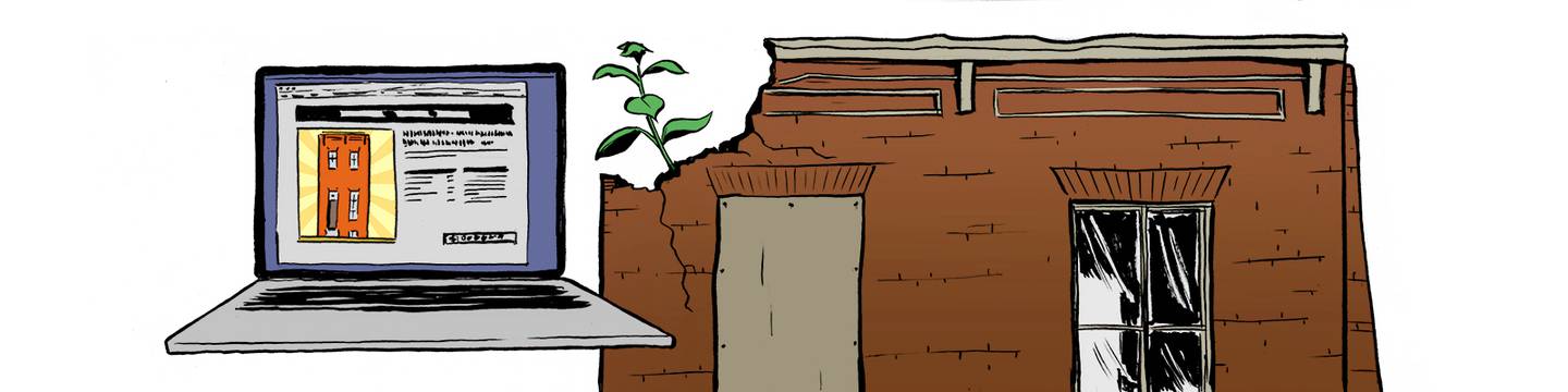 An illustration of a laptop showing a house listing and then the actual condition of the house, which appears vacant.
