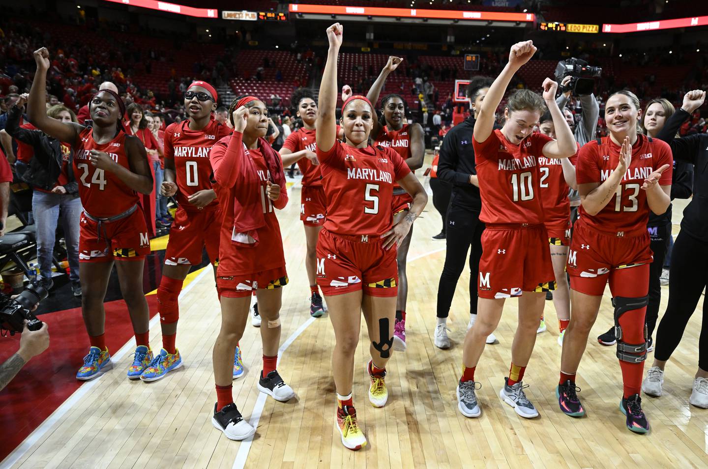 COLLEGE PARK, MARYLAND - FEBRUARY 21: The Maryland Terrapins celebrate after a 96-68 victory against the Iowa Hawkeyes at Xfinity Center on February 21, 2023 in College Park, Maryland.