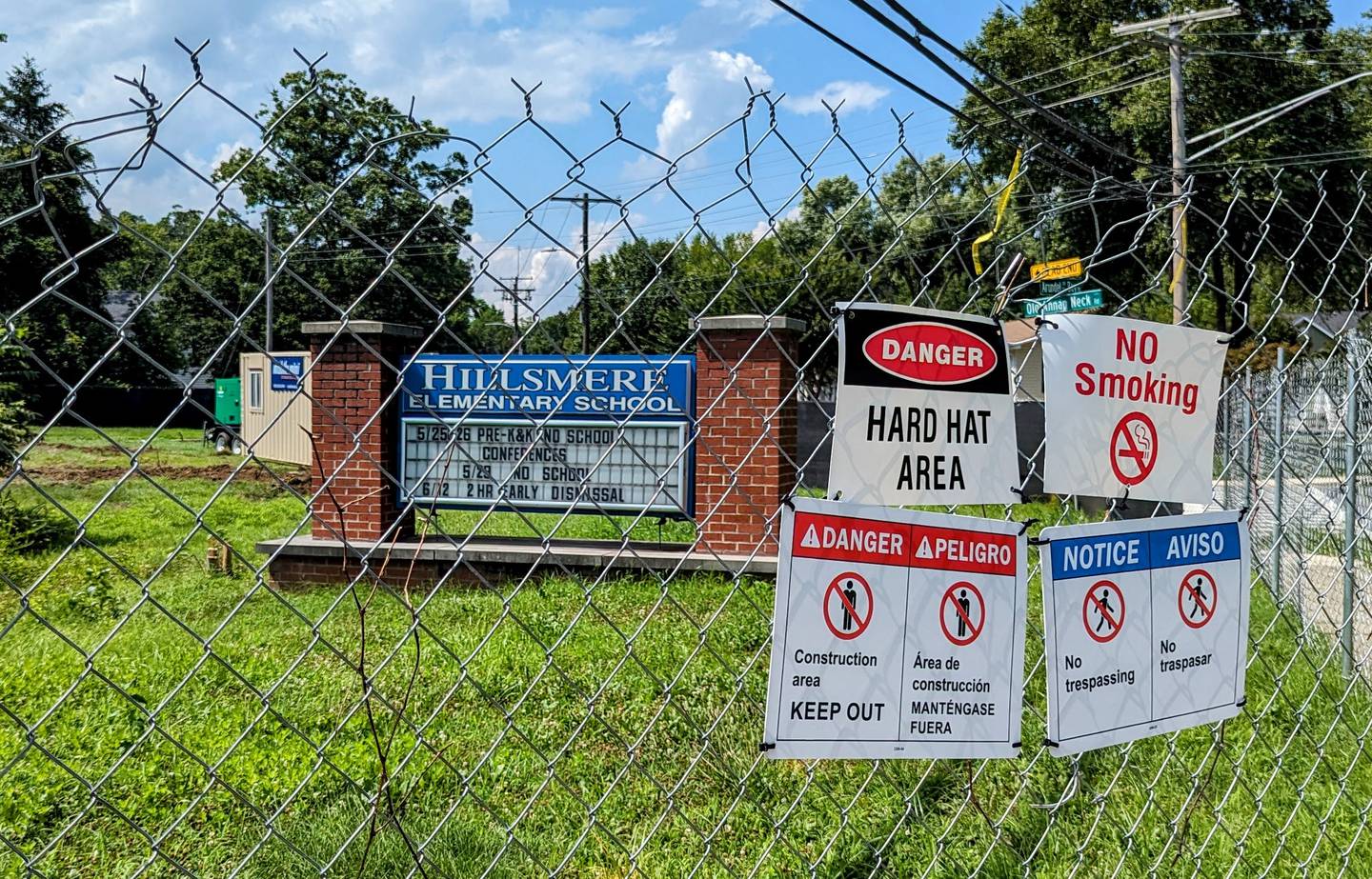 All that's left of old Hillsmere Elementary School in Annapolis is the sign, as work continues on shifting students and staff to a new building later this month.