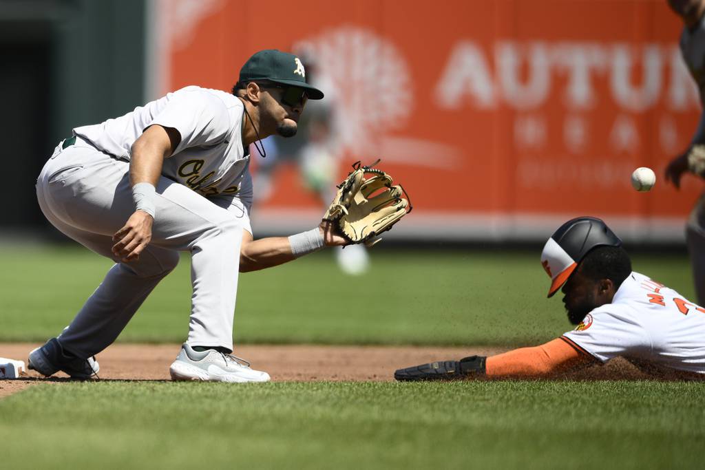 Cedric Mullins steals second base as Athletics shortstop Darell Hernaiz fields the throw Sunday during the second inning of Oakland’s 7-6 victory.