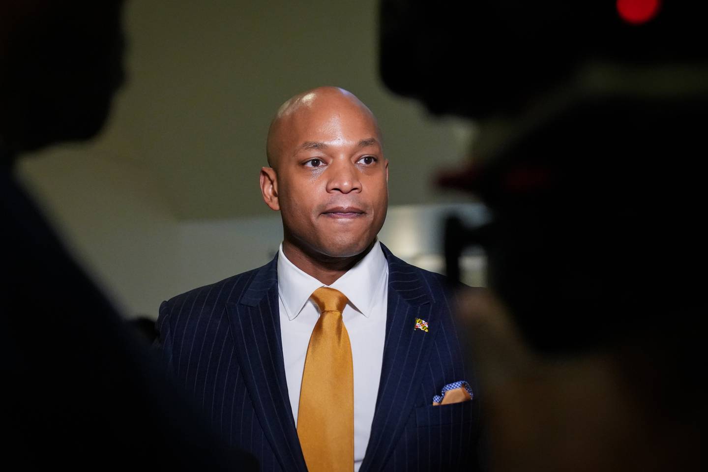 Maryland Gov. Wes Moore meets with reporters after testifying in favor of the Family Prosperity Act on 2/16/23 during a meeting of the House of Delegates Ways and Means committee in Annapolis.