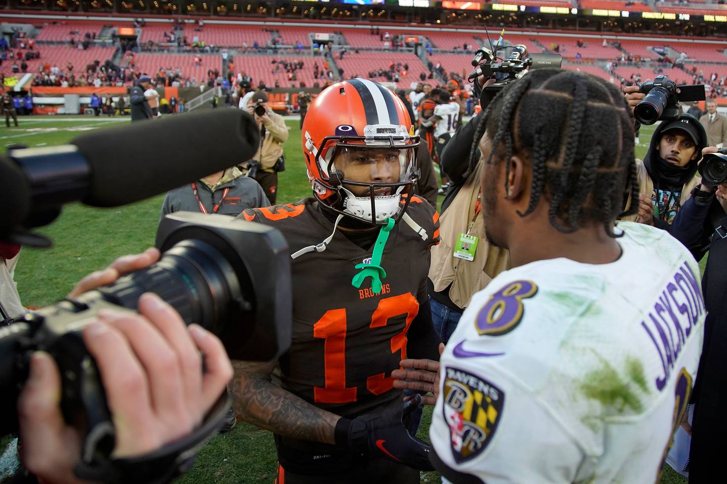 CLEVELAND, OH - DECEMBER 22:  Lamar Jackson #8 of the Baltimore Ravens shakes hands with Odell Beckham Jr. #13 of the Cleveland Browns after the game at FirstEnergy Stadium on December 22, 2019 in Cleveland, Ohio. Baltimore defeated Cleveland 31-15.