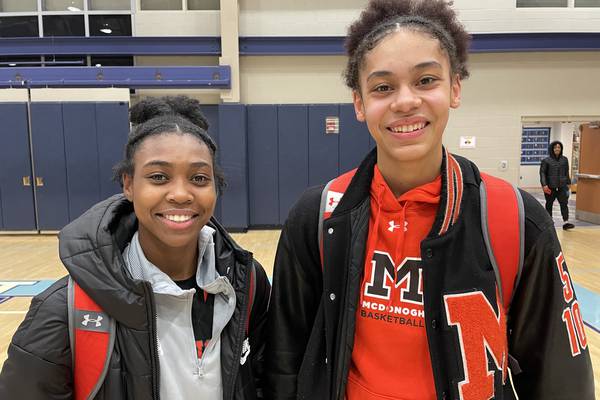 Guards Autumn Fleary (left) and Ava McKennie were stellar on defense for McDonogh girls basketball Wednesday evening against St. Vincent Pallotti in a key IAAM A Conference basketball match. The No. 3 Eagles won 61-33 in Laurel, as  Fleary, a freshman point guard, scored a game-high 24 points.