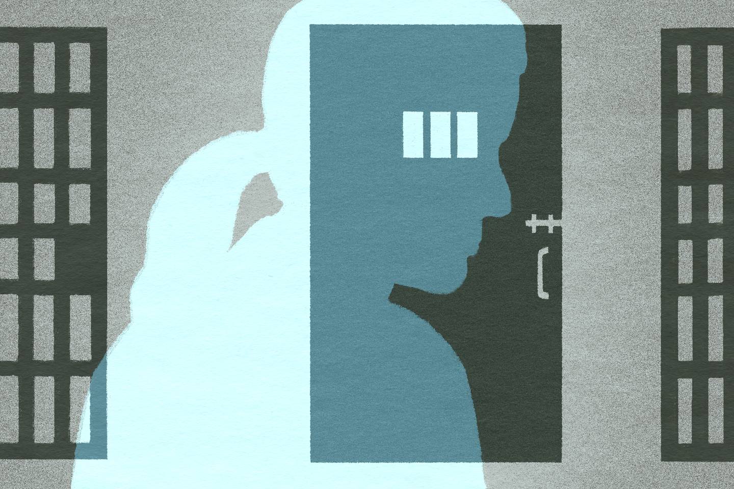 Illustration of two sets of prison bars and door to solitary cell overlapped by silhouette of trans woman with a ponytail.