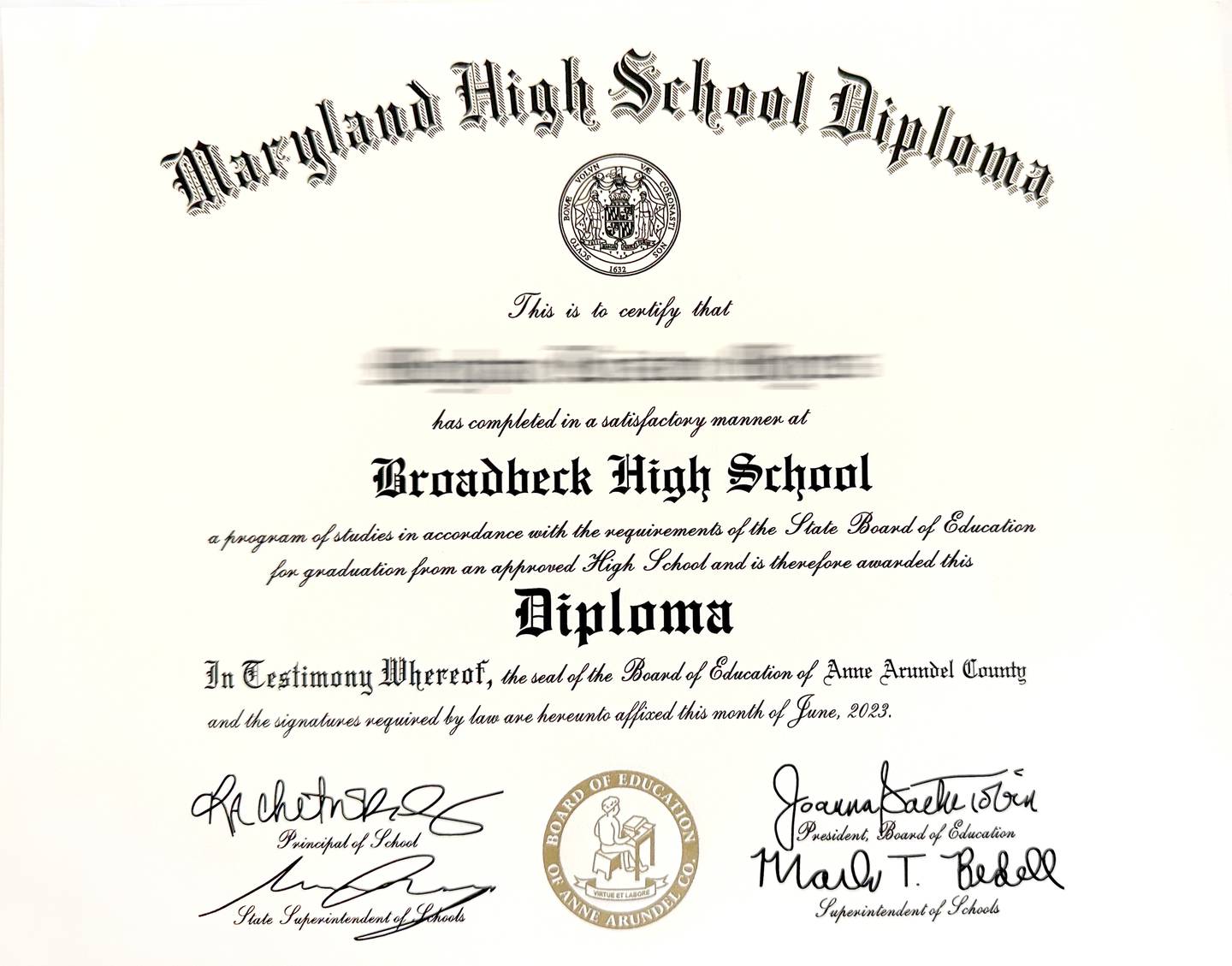 Broadneck High School diploma misspelled the name of the school.