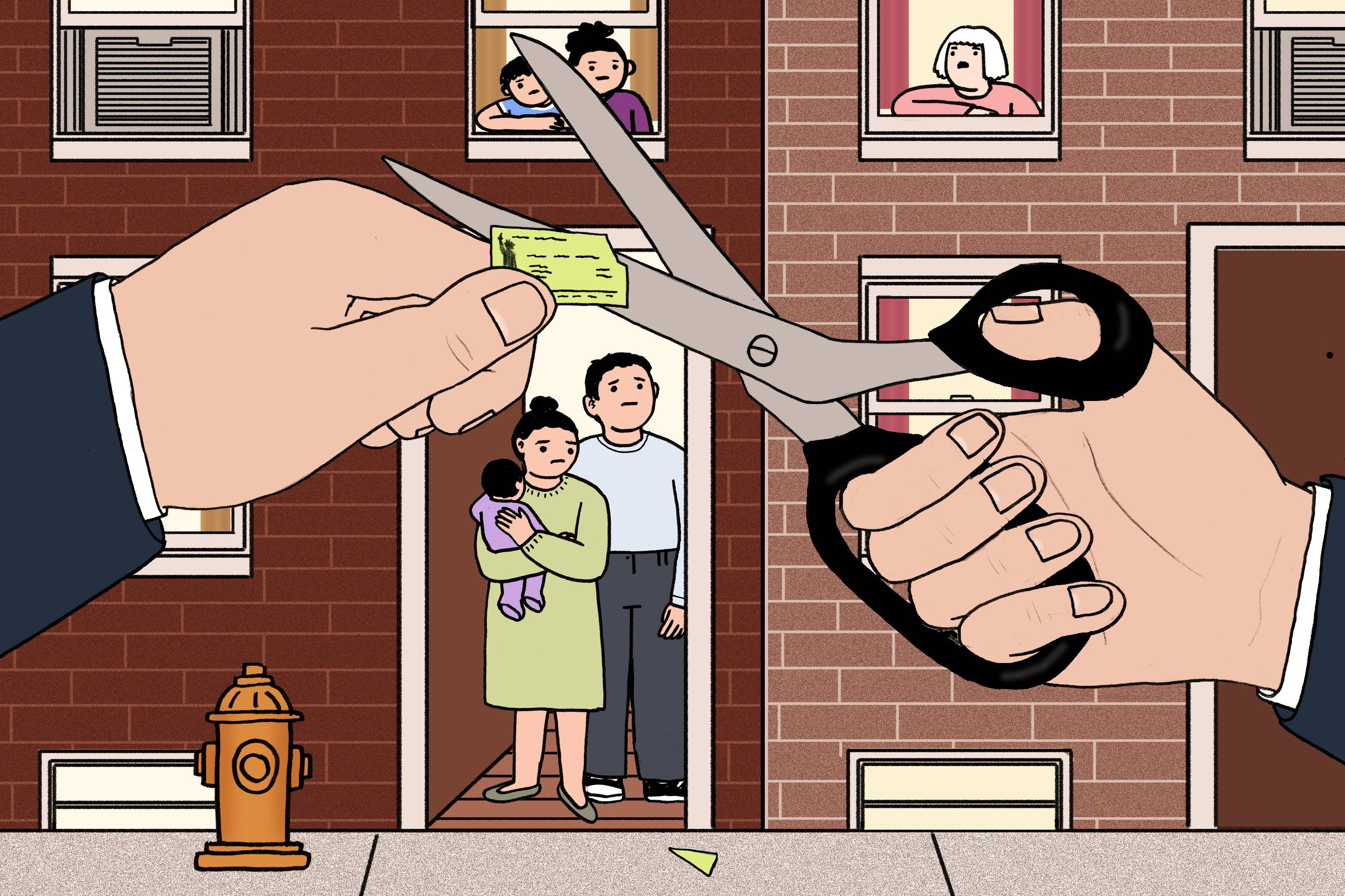 Illustration of family with children standing in door of row home in background. In front of them are large hands snipping a corner off a check with massive scissors.