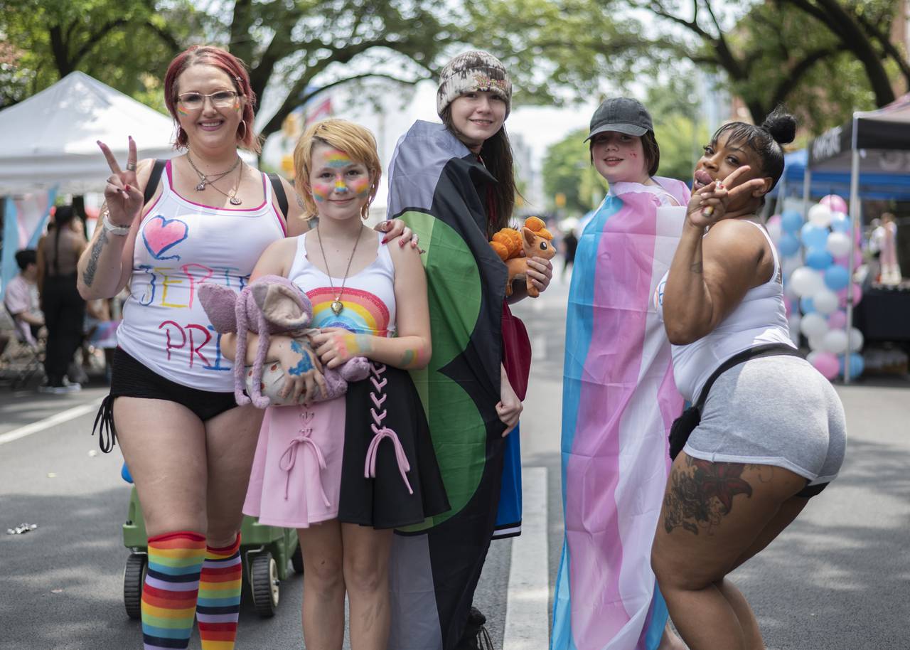 Heather Dagenais, Faith Degenais, Jericho Degenais, Leila Degenais, and Nani Jones show off their Trans Pride outfits in Baltimore on June 3, 2023.