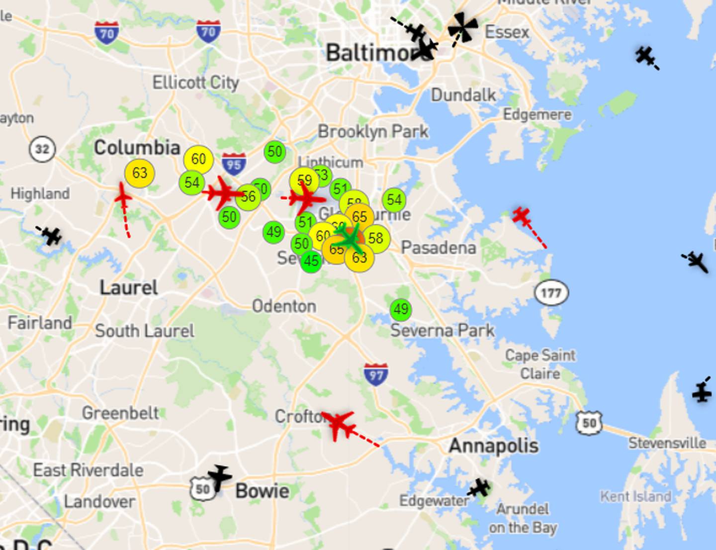 The Maryland Aviation Administration provides an interactive site that tracks aircraft flying around BWI Marshall Airport. It also allows anyone to file a noise complaint and follow readings at the airport's permanent noise monitors.