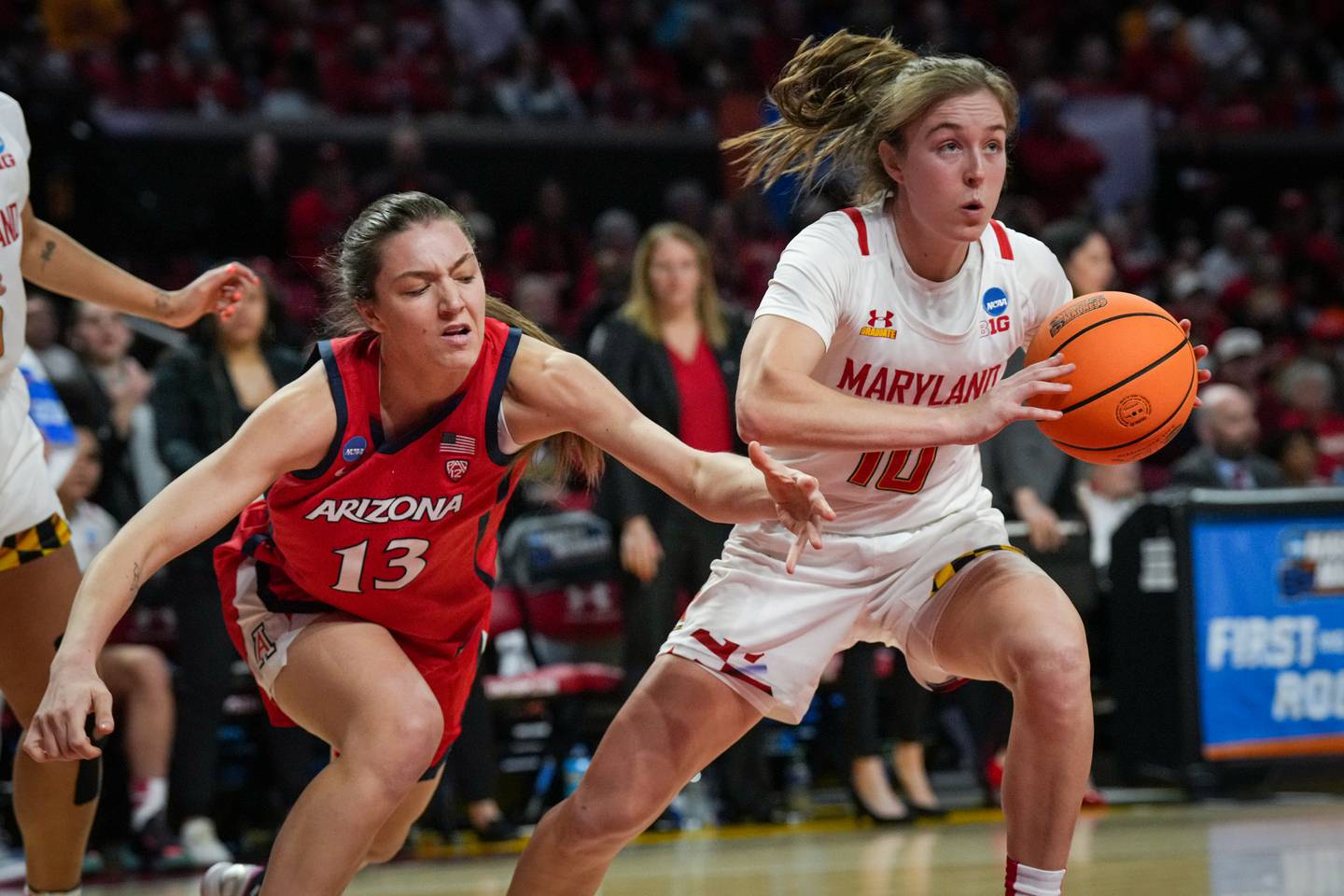 Maryland’s Abby Meyers (10) steals the ball from Arizona’s Helena Pueyo (13) at the XFINITY Center during a tournament game between the No. 2 Maryland Terrapins and the No. 7 Arizona Wildcats. The University of Maryland beat the University of Arizona, 77-64, in the second round of the NCAA Women’s Basketball Tournament.