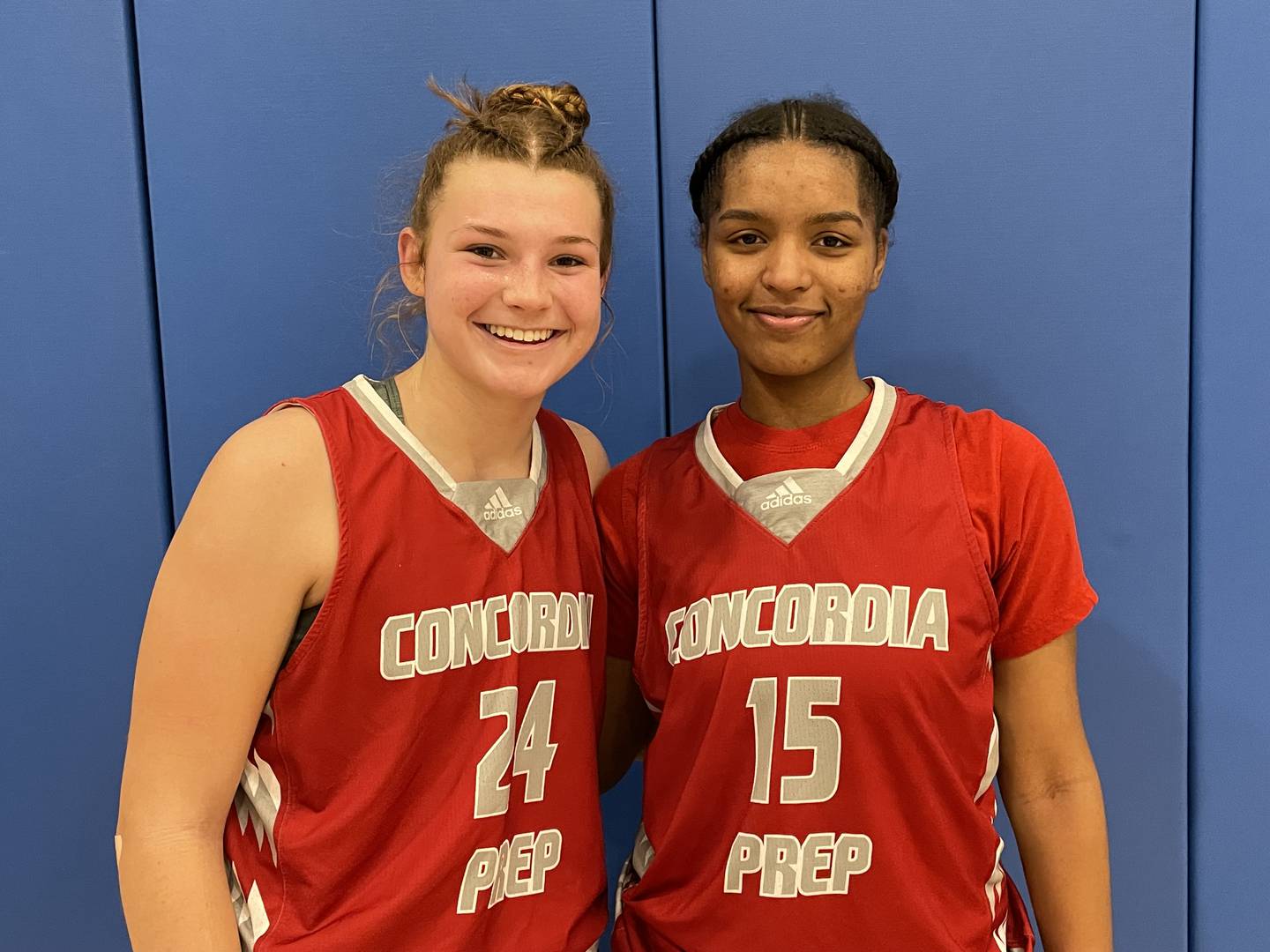 Seniors Hailee Ford (24) and Cori Barnes (15) combined for 25 points and 24 rebounds to lead Concordia Prep past Notre Dame Prep, 46-40, in an IAAM B Conference quarterfinal Tuesday night. Ford hit a 3-pointer to give the fifth-seeded Saints the lead for good. Banres scored 10 of her 19 points in the final 5:16 as the Saints rallied from 12 points down early in the fourth quarter.