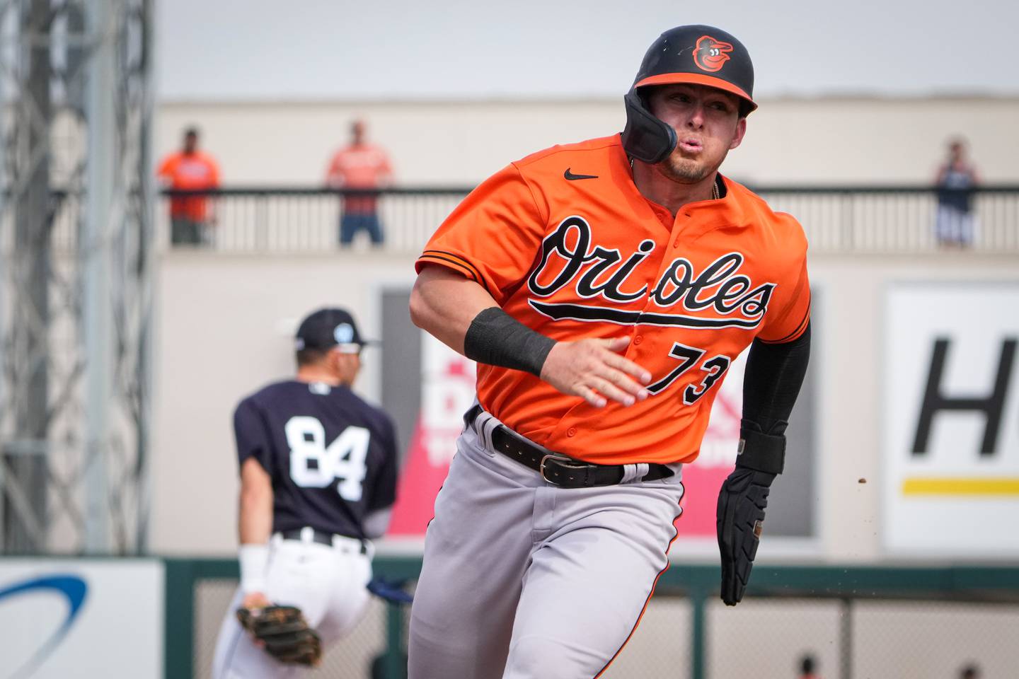 César Prieto (73) runs to third base following a double by Ryan O’Hearn in the sixth inning of a game against the Tigers on 3/2/23. The Baltimore Orioles lost to the Detroit Tigers, 10-3, in the Florida Grapefruit League matchup.
