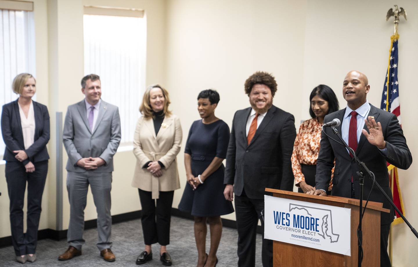Governor-elect Wes Moore announces some of his administration at a state office building in Annapolis, Md., Monday, Nov. 14, 2022. (Jessica Gallagher/The Baltimore Banner)