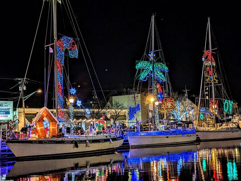 Participants in this year's Eastport Parade of Light are docked on Ego Alley.