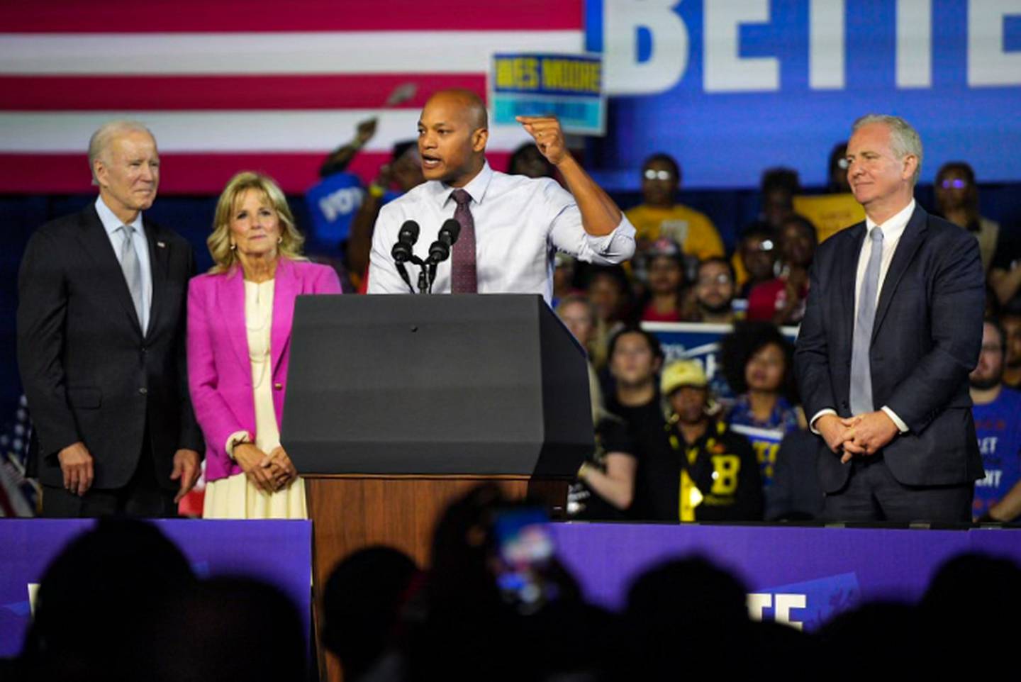 Gubernatorial candidate Wes Moore, flanked by the First Family, Joe and Jill Biden, and Sen. Chris Van Hollen, speaks at a campaign event on 11/7/22 at Bowie State University, the night before the general election.