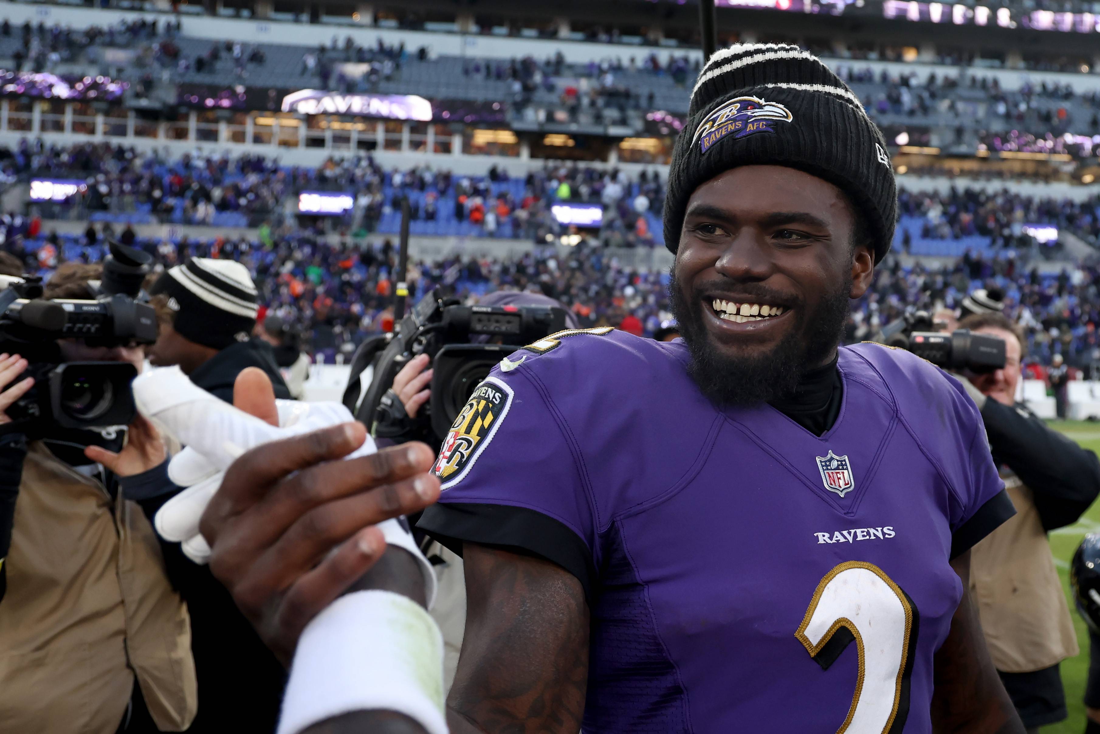 BALTIMORE, MARYLAND - DECEMBER 04: Quarterback Tyler Huntley #2 of the Baltimore Ravens celebrates following the Ravens 10-9 win over the Denver Broncos at M&T Bank Stadium on December 04, 2022 in Baltimore, Maryland.