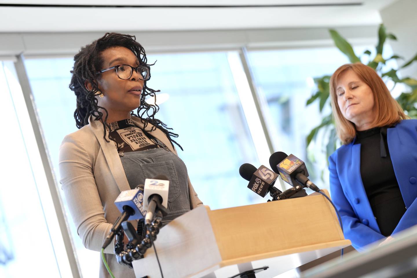 Chelsea Gilliam, a transgender woman who was held pre-trial at two Maryland correctional facilities for six months and placed in male dormitories, speaks at a press conference announcing a lawsuit against the department of public safety and correctional services on April 19, 2023.