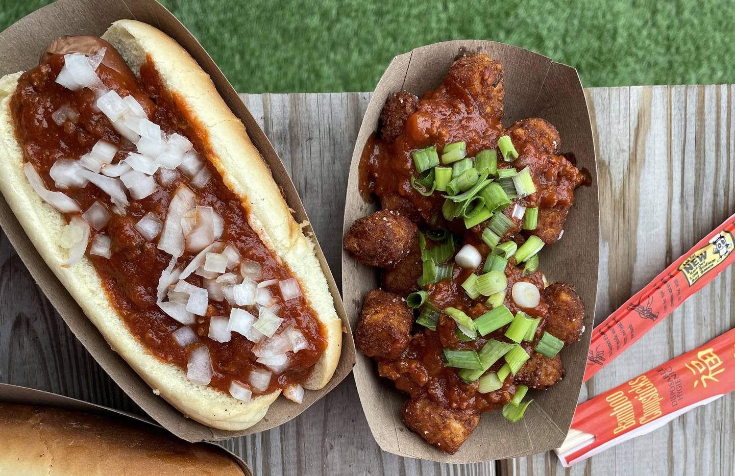 The hot dog and tater tots from Glizzy's, both topped with Wagyu chili. Owner Casey Jarvis previously worked at Chuck's Trading Post in Hampden.