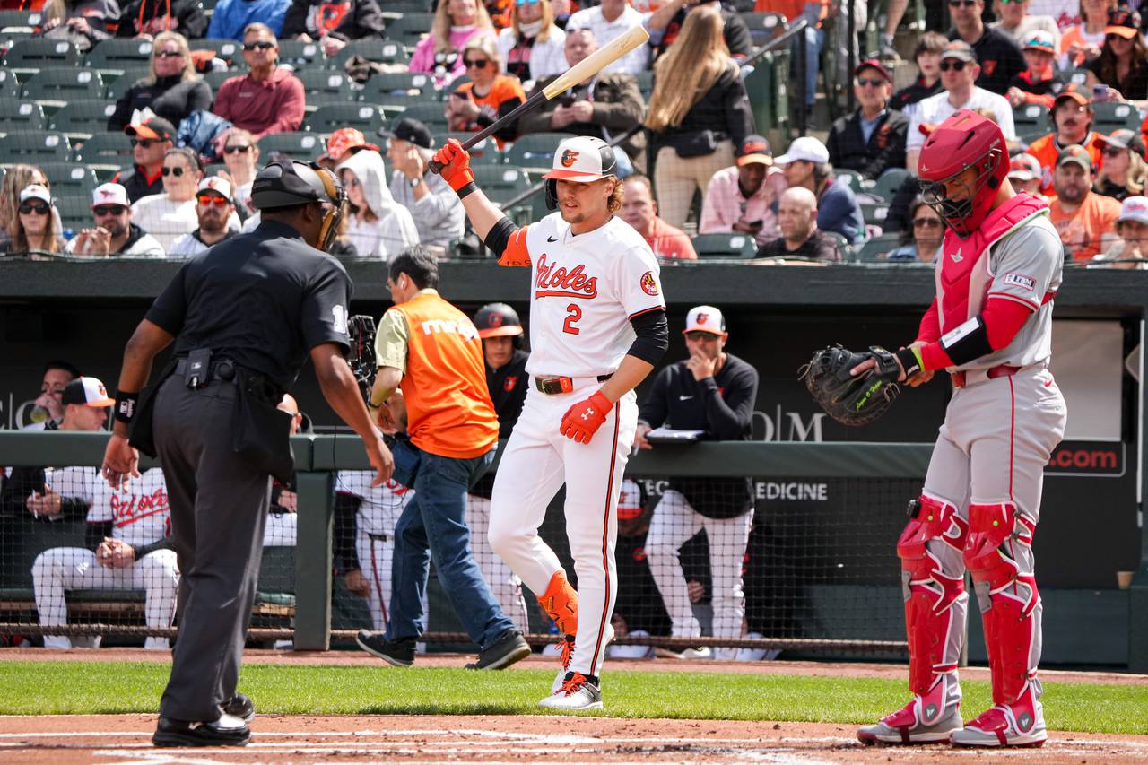 Baltimore Orioles third baseman Gunnar Henderson (2) walks up to the plate for his first at-bat against the Los Angeles Angels at Camden Yards on March 31, 2024.