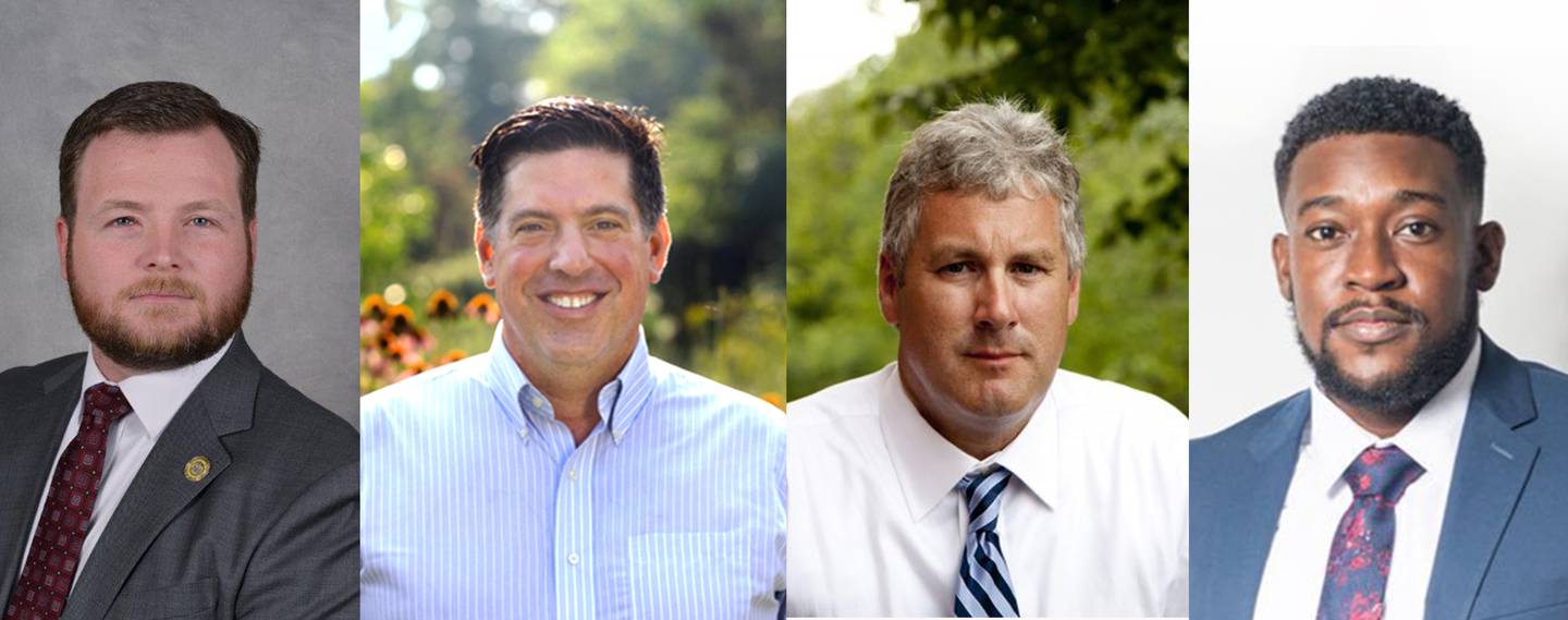 (left to right) Del. Pat Young; Paul Dongarra; Mike Ertel; and Shafiyq Hinton are looking to fill the Democratic primary races for Baltimore County Council's two open seats are largely campaigns between  realtor and political newcomer Shafiyq Hinton, 30, and Mike Ertel, 55, an insurance broker and longtime Towson activist in the 6th District; and in the 1st District, Del. Pat Young, 39, a Marine veteran twice-elected to the State House and Paul Dongarra, 52, a former small business owner outspoken about over-development.