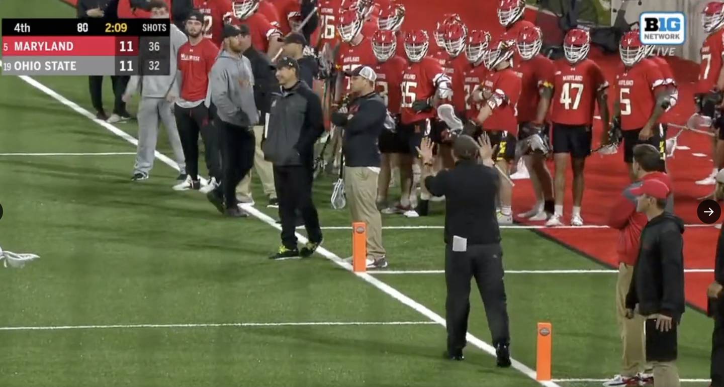Ohio State men's lacrosse coach Nick Myers gestures toward Maryland coach John Tillman after a controversial call in the Terps-Buckeyes game on April 7.