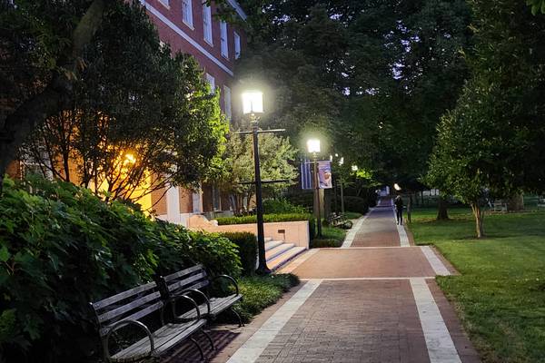 A place for taking a stroll along Keyser Quad at the Johns Hopkins University Homewood Campus.