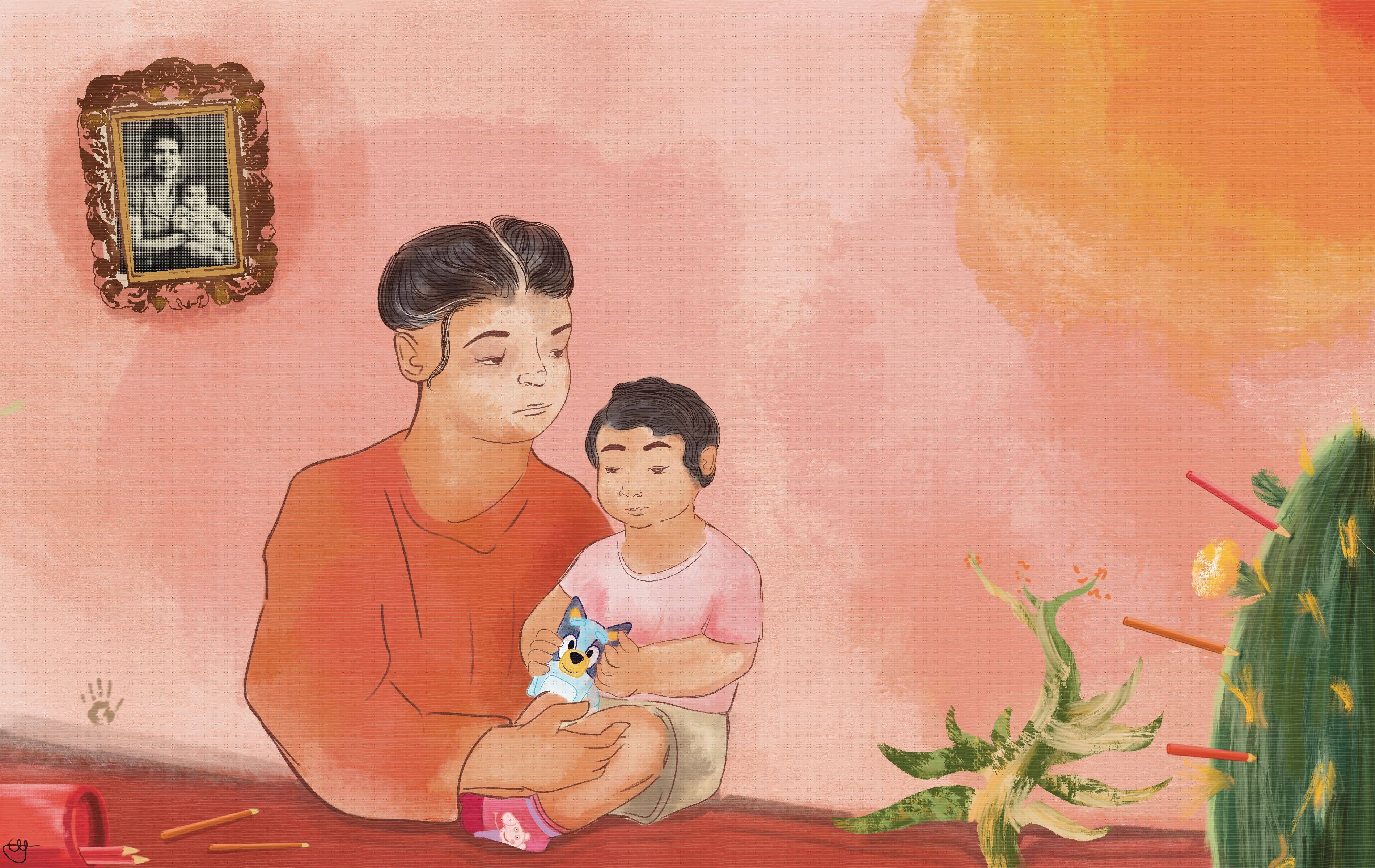 An illustration of a Latino mother and her small child in their home. There are pencils stuck in a cactus and a picture hanging askew on the wall.
